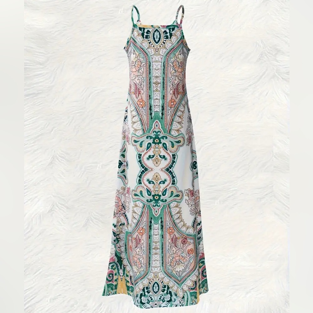 White & Green Printed Maxi Dress Mediterranean Resort Luxe Spaghetti Strap Flowy - Picture 4 of 4